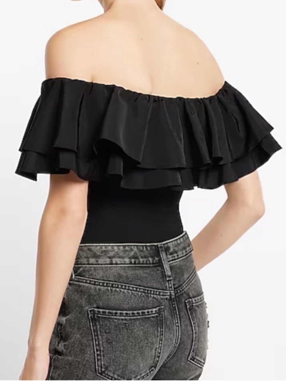 Express Chic Off The Shoulder Tiered Ruffle Overlay Black Bodysuit Size S NWT